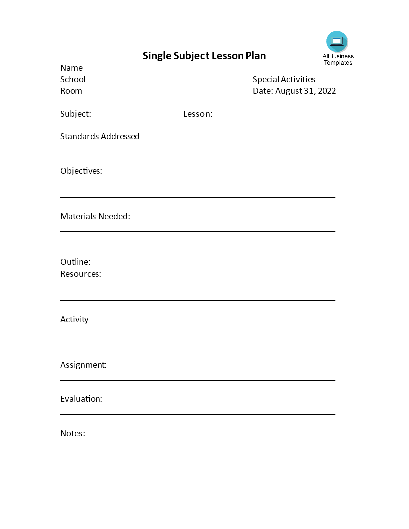 Kostenloses One Subject Lesson Plan In Madeline Hunter Lesson Plan Blank Template