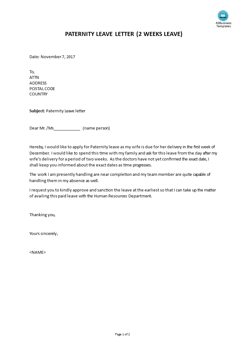 Paternity Leave Letter Template Templates At Allbusinesstemplates