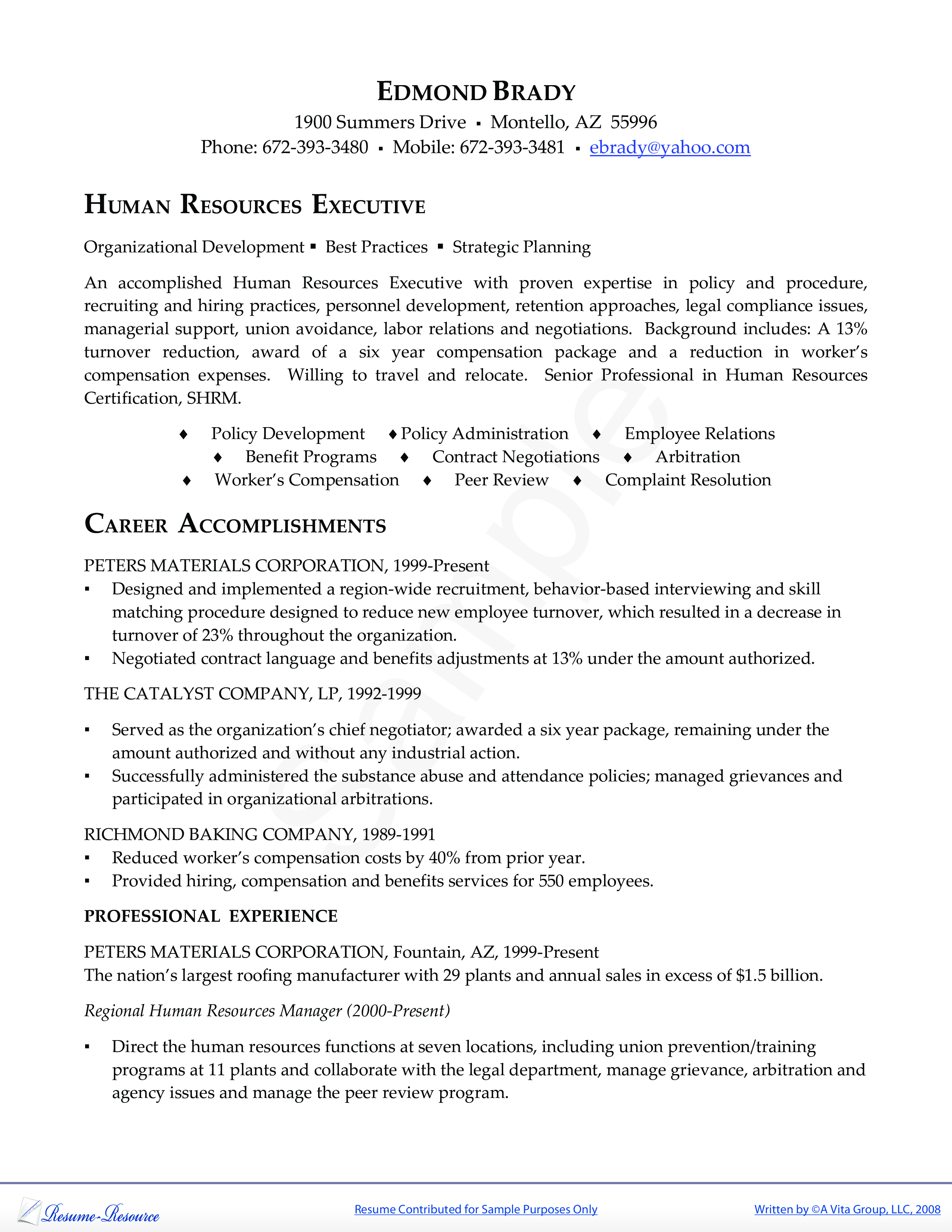 Hr Executive Resume Templates At Allbusinesstemplates