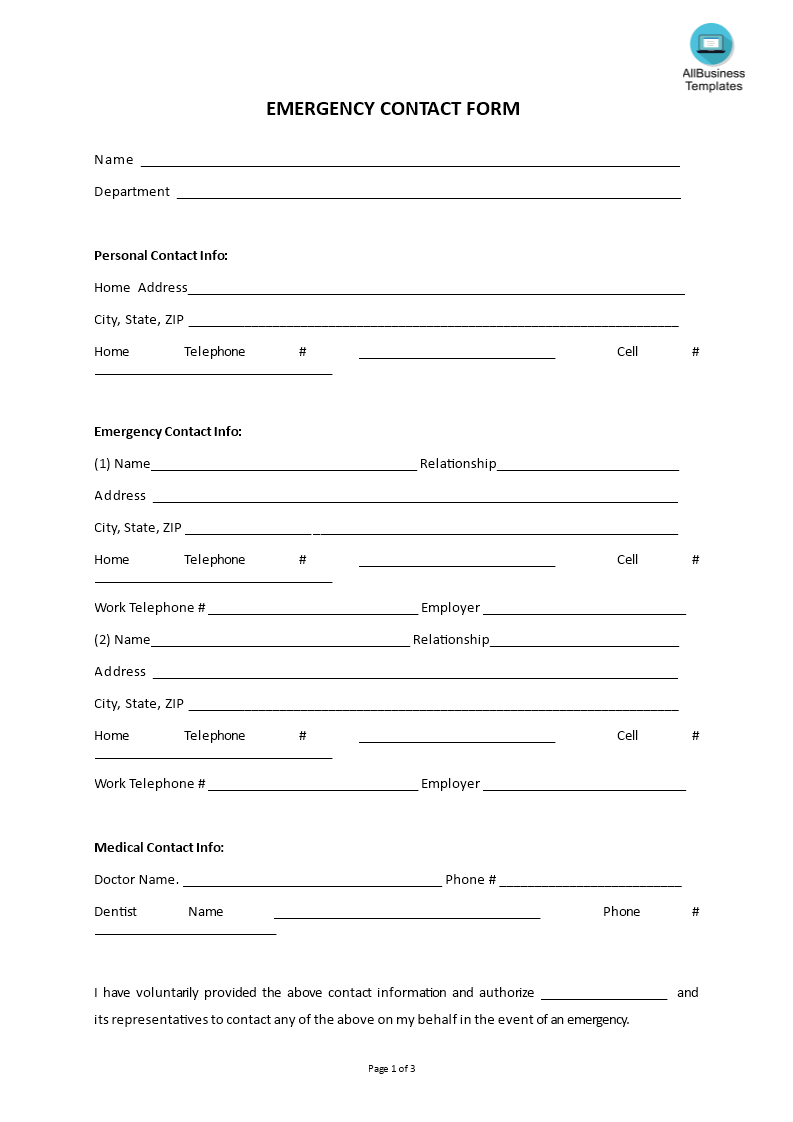 Emergency Contact Form | Templates at allbusinesstemplates.com