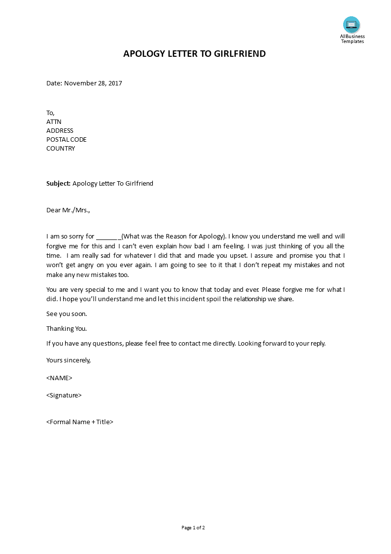 Apology Letter To Girlfriend Templates At
