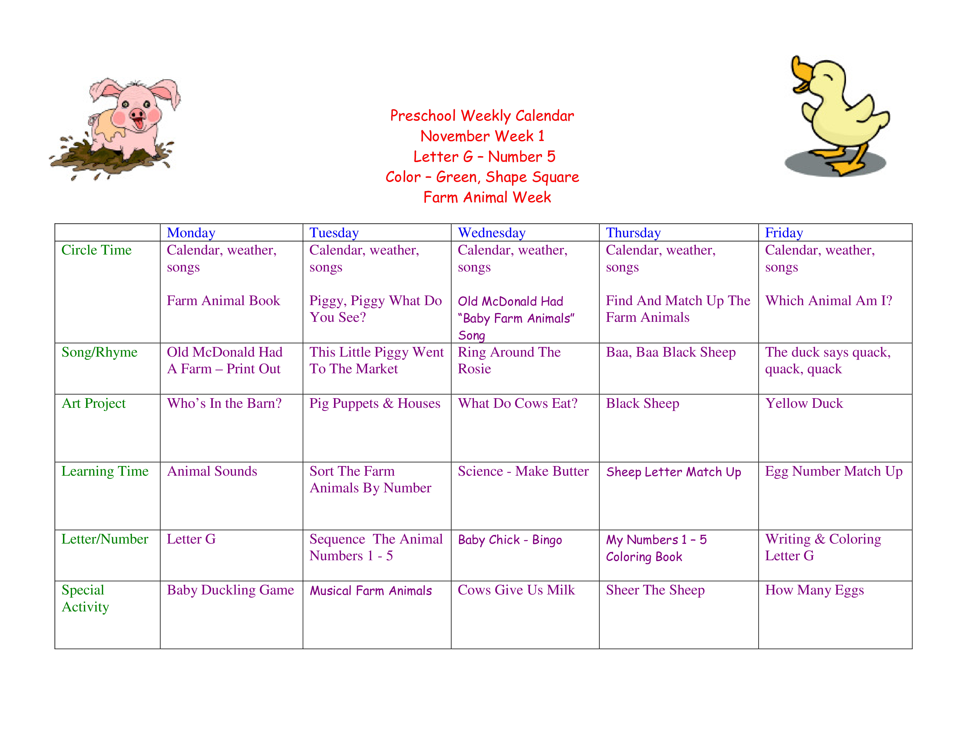 Preschool Calendar Weekly Template Templates At Allbusinesstemplates