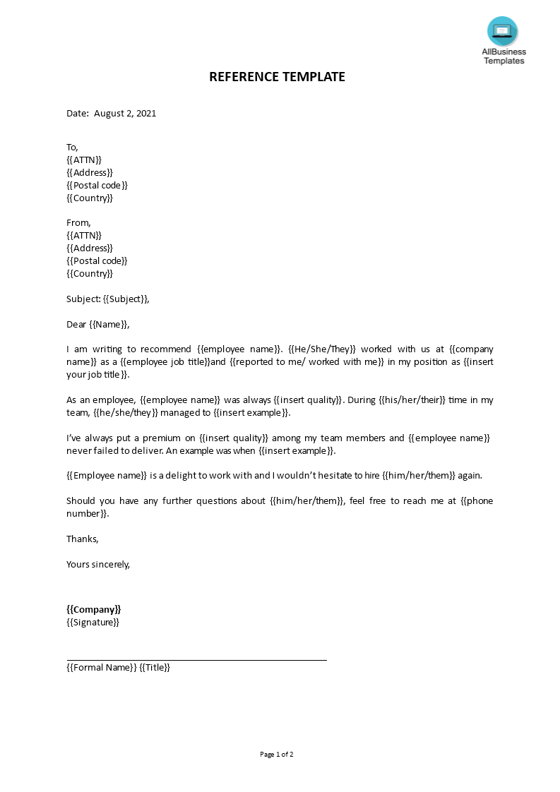 reference letter from employer voorbeeld afbeelding 