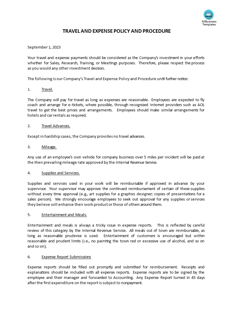 travel and expense policy and procedure template