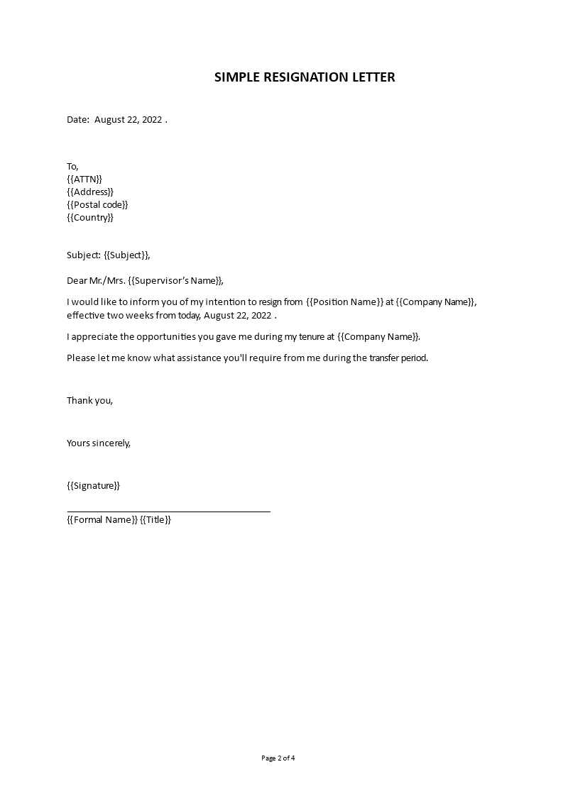 Formal Resignation Letter Senior Administration Officer | Templates at ...