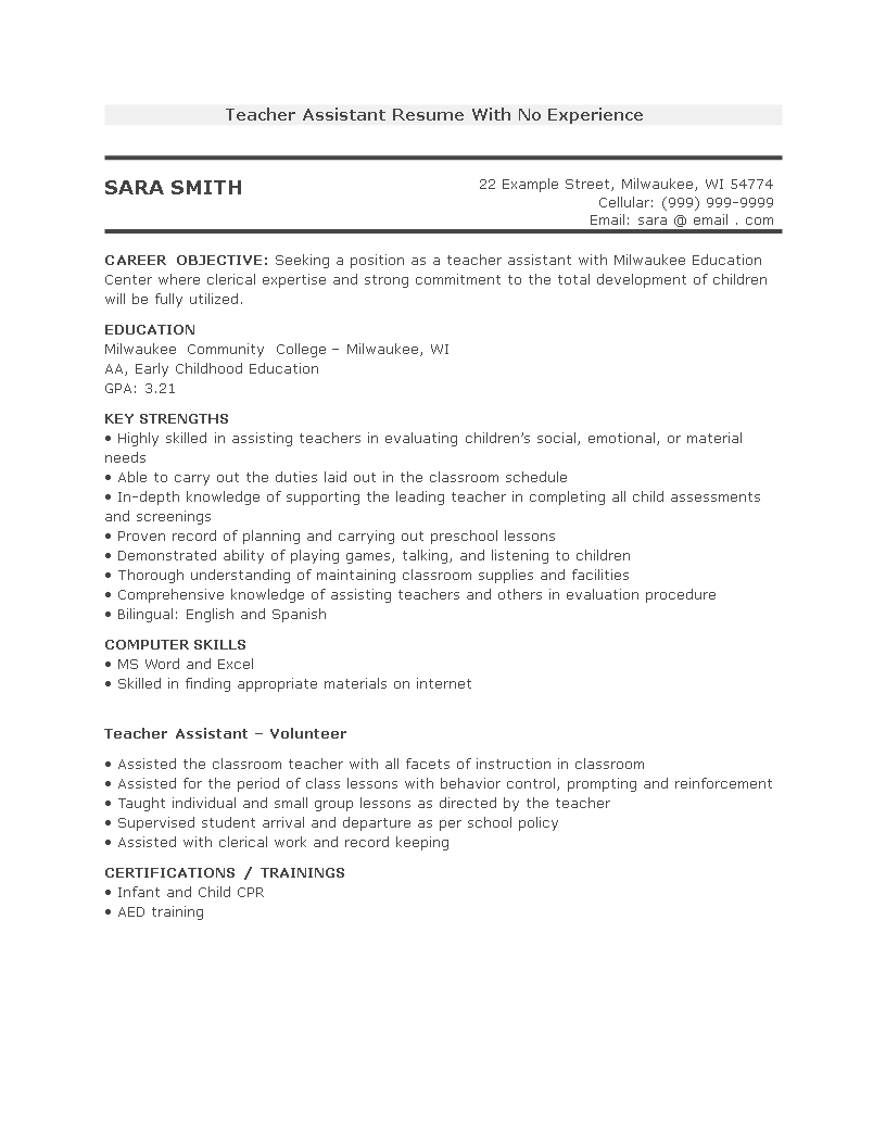 Teacher Assistant Resume With No Experience Templates At 