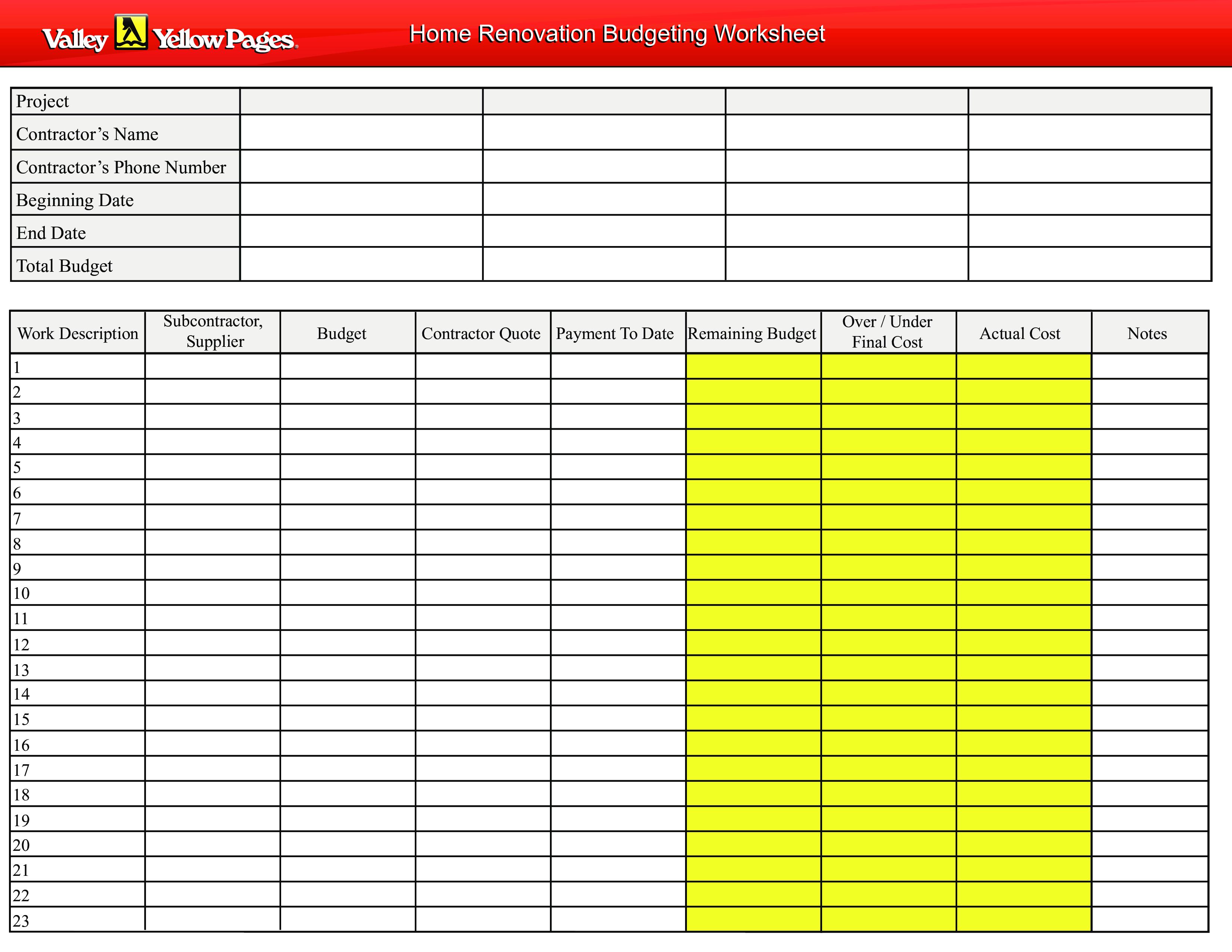 Home Renovation Budget Worksheet Templates at allbusinesstemplates com