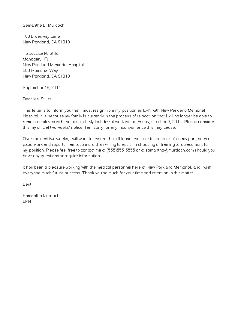 Resignation Letter Due To Relocation Gratis