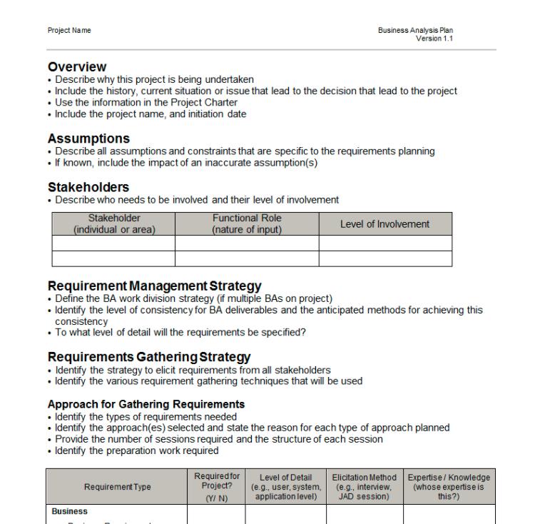 business analysis plan template