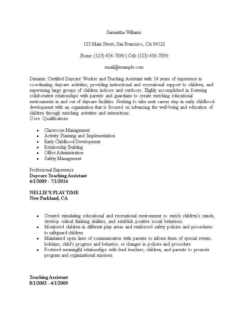 Certified Daycare Teacher Assistant Resume Template Templates At 