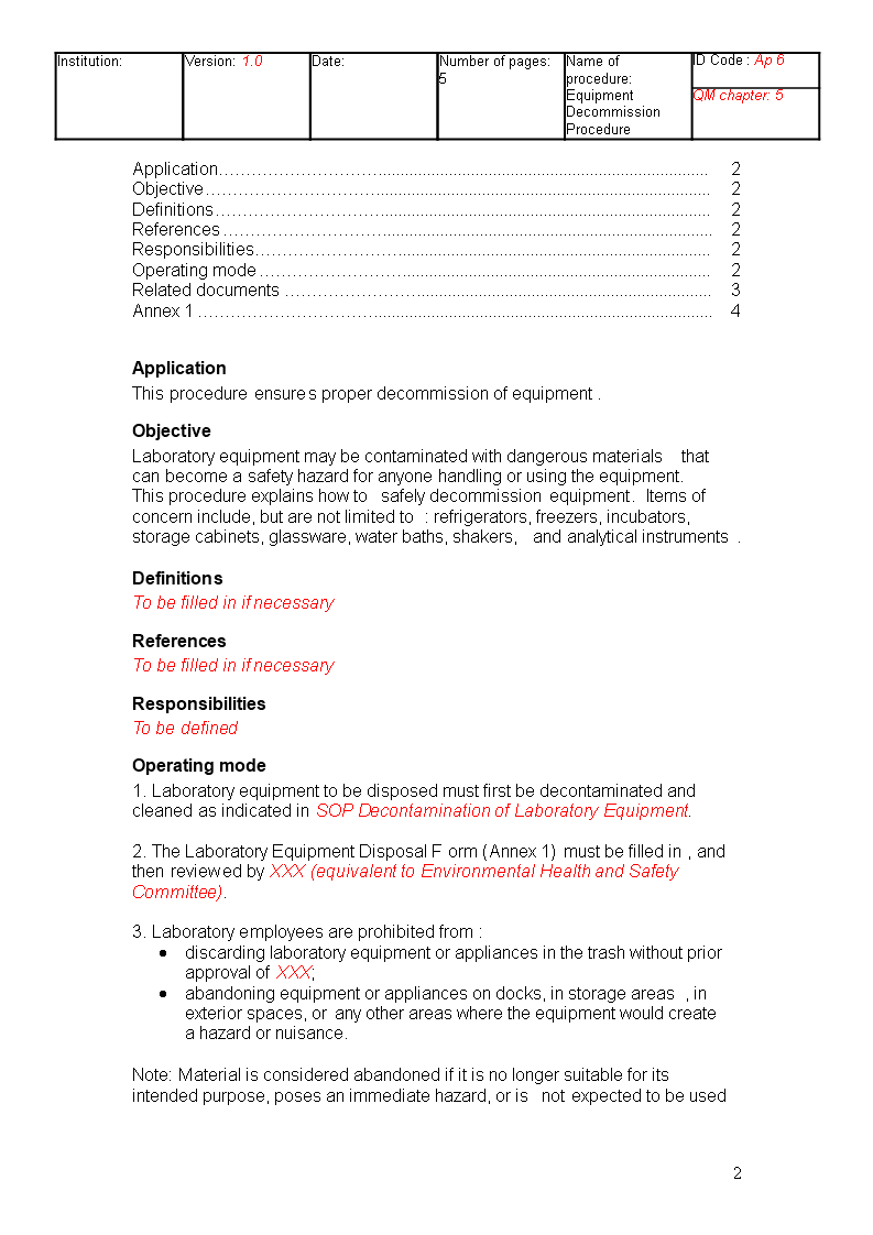 Equipment Decommission Quality Management SOP | Templates at ...