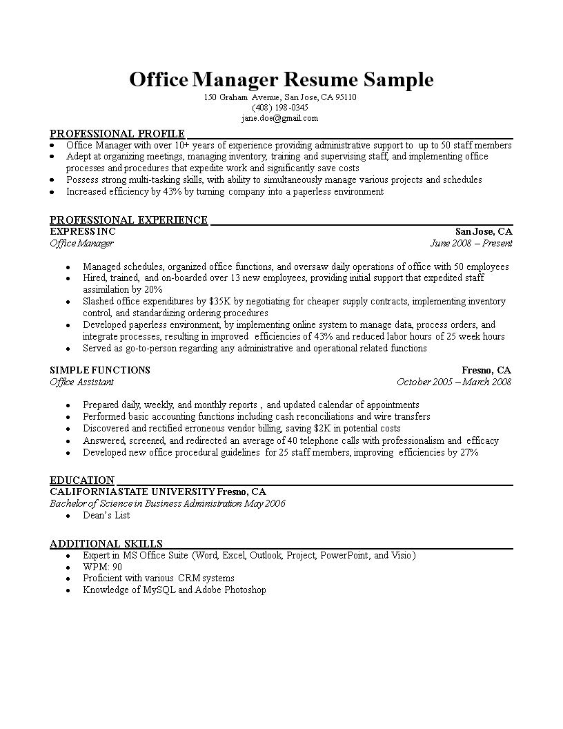 sample resume for office management position