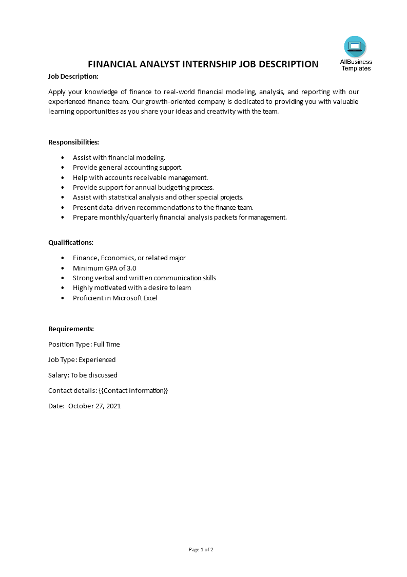 financial analyst internship job description template