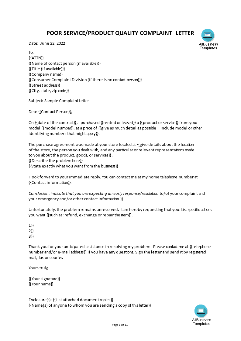 professional complaint letter Hauptschablonenbild