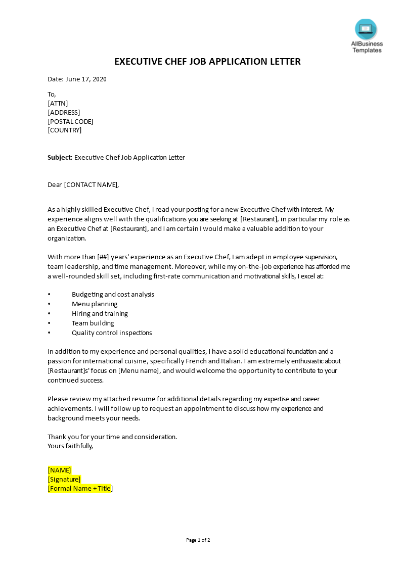 example of cover letter for cook position