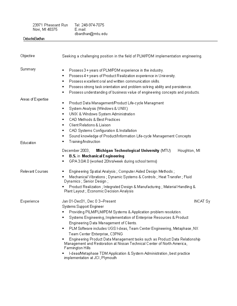 Kostenloses Entry Level Mechanical Engineering Resume