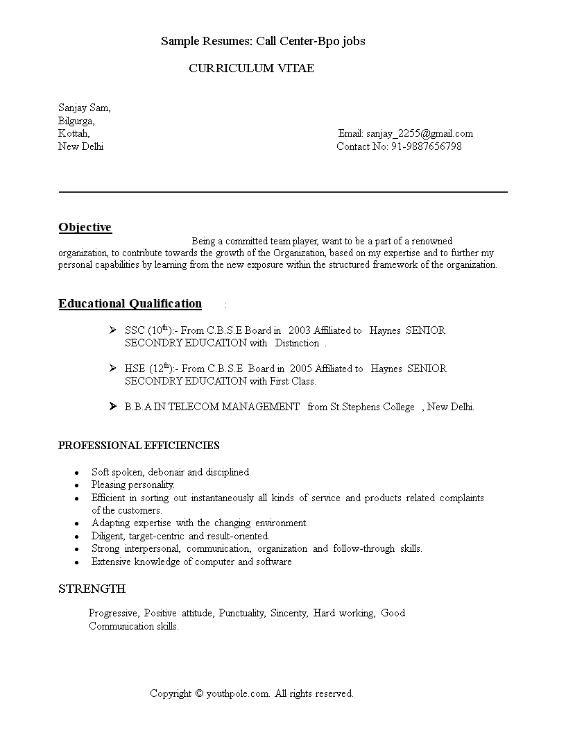 sample resume for bpo jobs