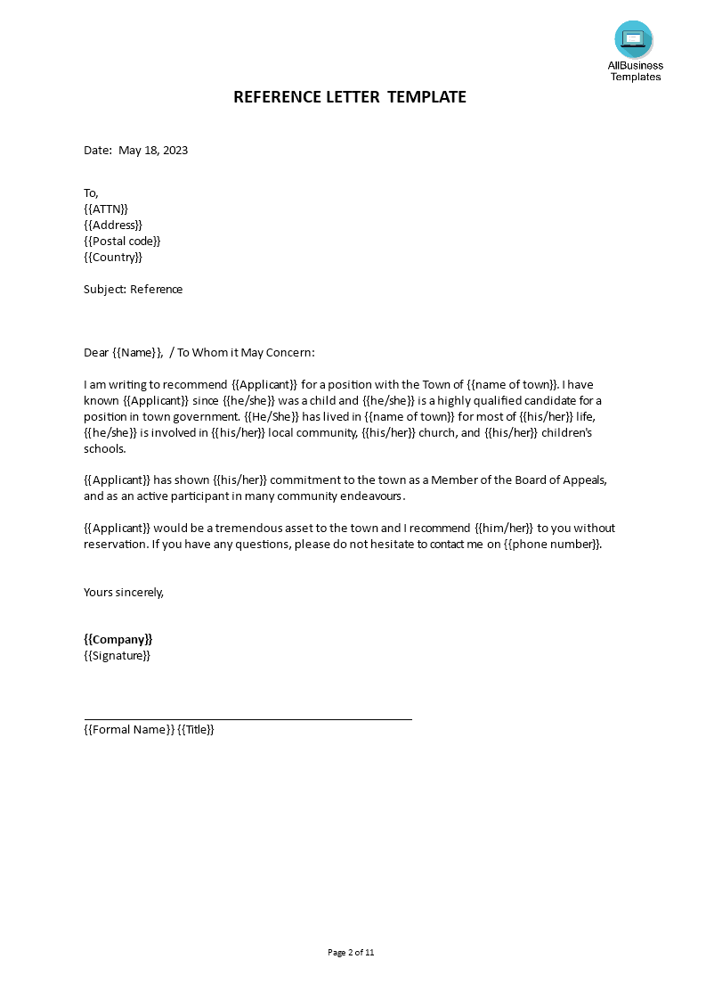 Professional Work Reference Letter | Templates at allbusinesstemplates.com