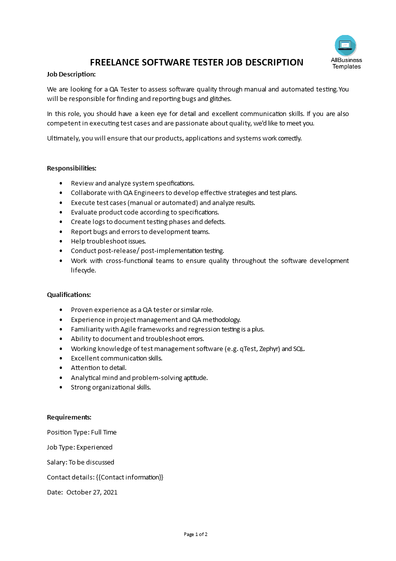 Gratis Freelance Software Tester Job Description