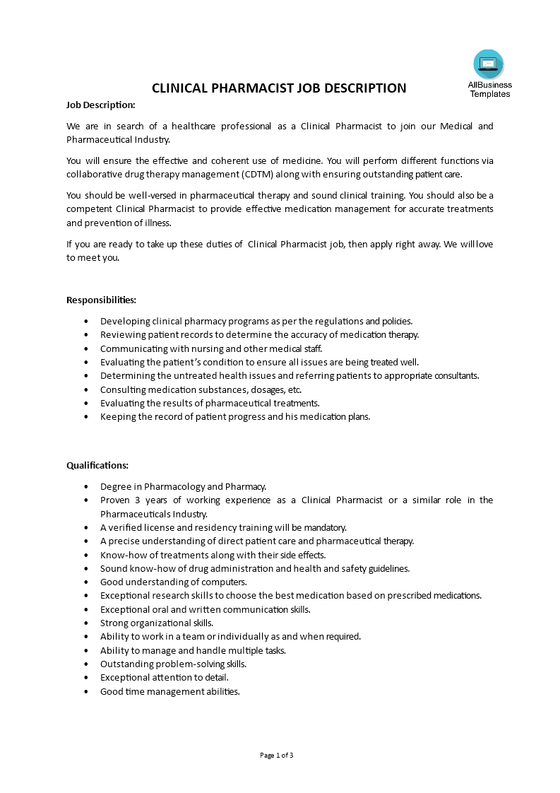  Clinical Pharmacist Job Description Allbusinesstemplates