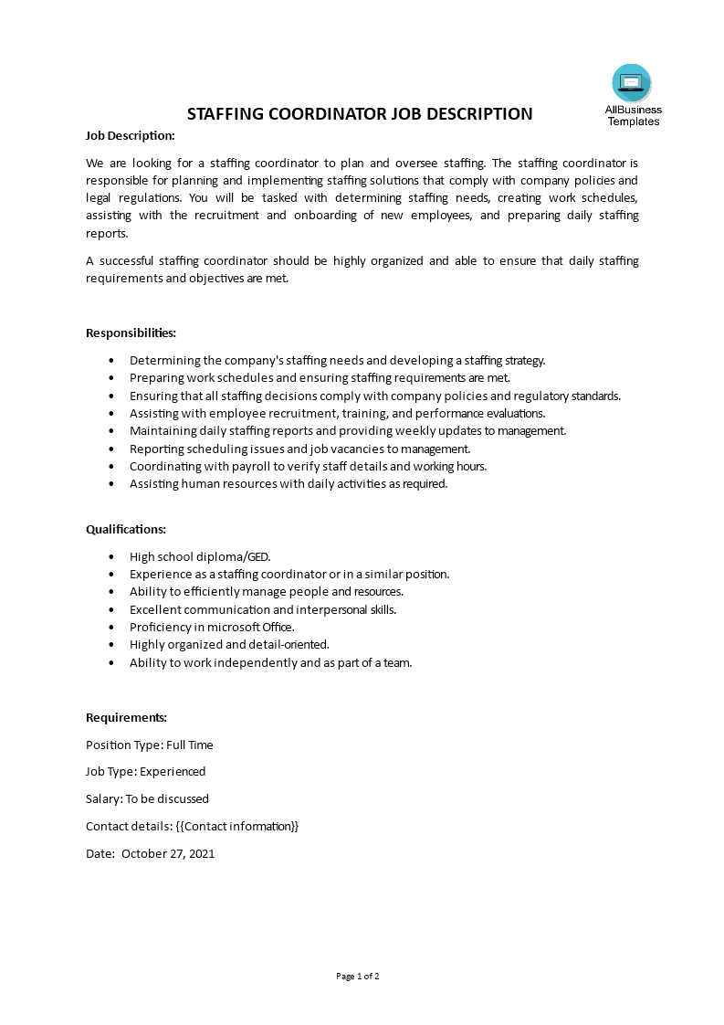 Gratis Staffing Coordinator Job Description