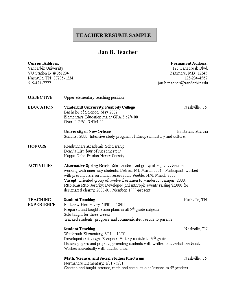 resume format in word for school teacher