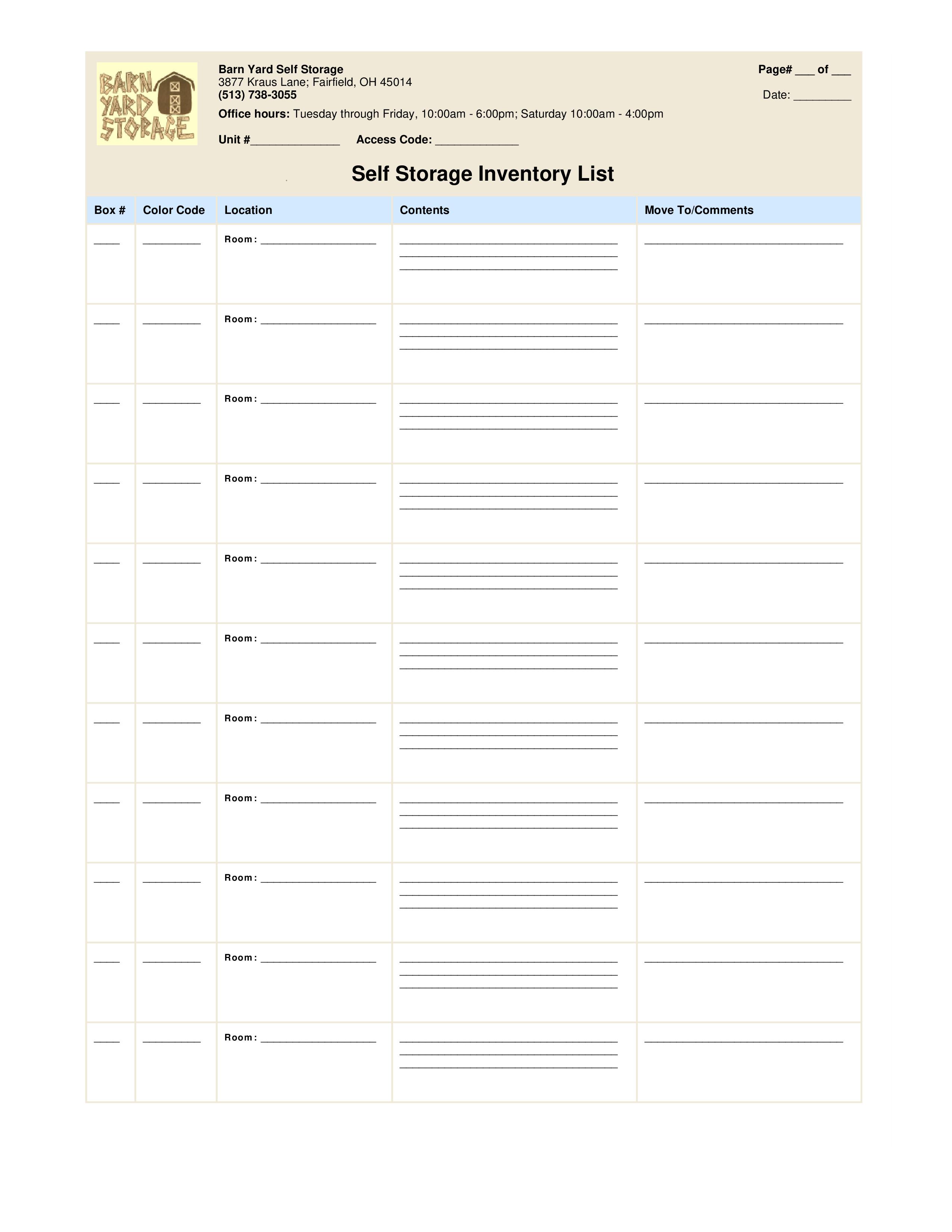免费 Self Storage Inventory List 样本文件在 allbusinesstemplates com