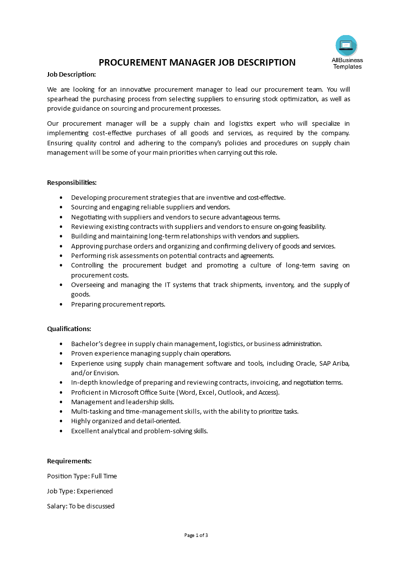 Kostenloses Procurement Manager Job Description