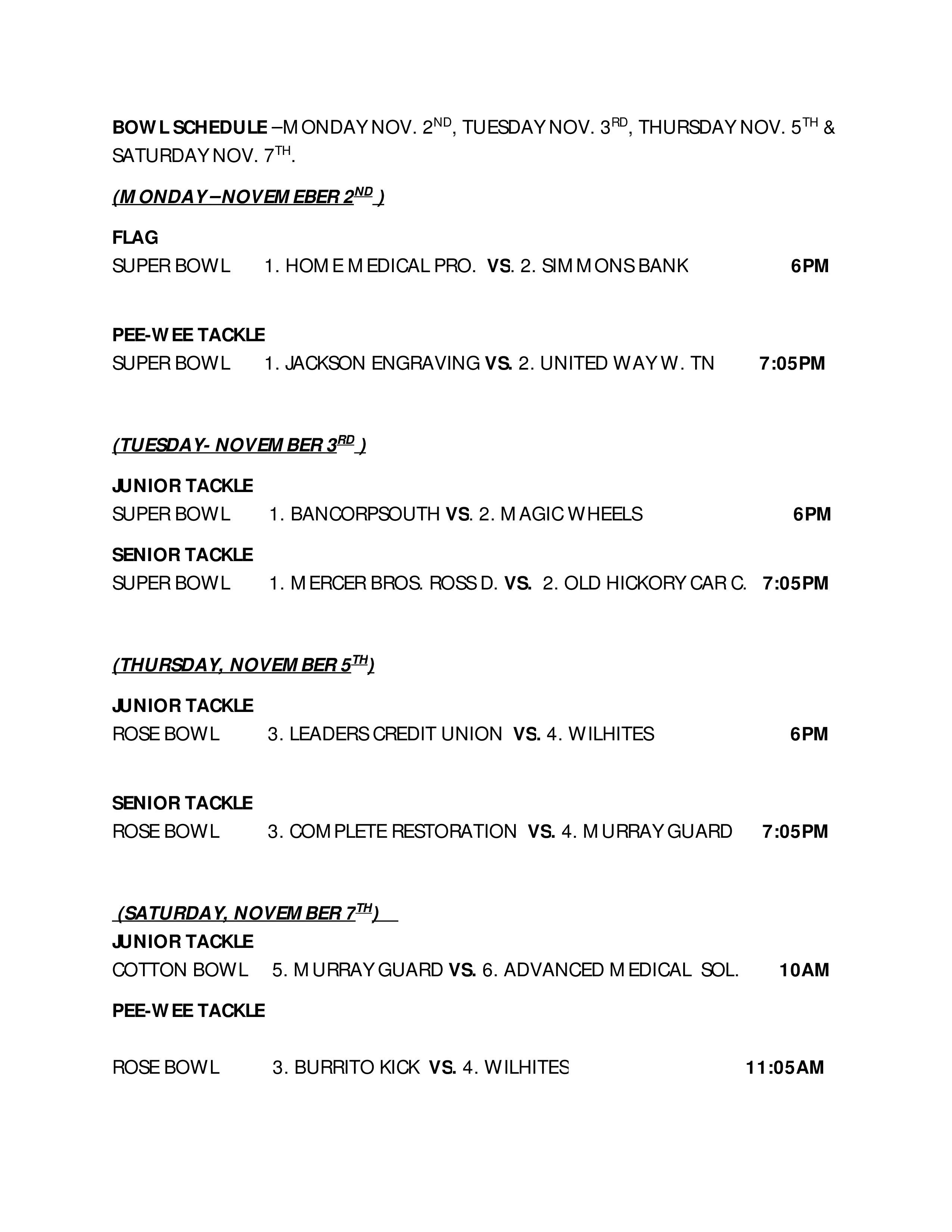 Football Bowl Schedule Printable
