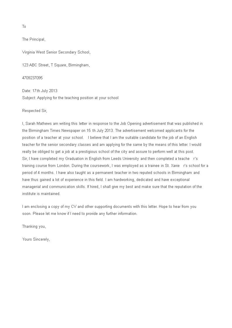 application letter for teacher job to principal
