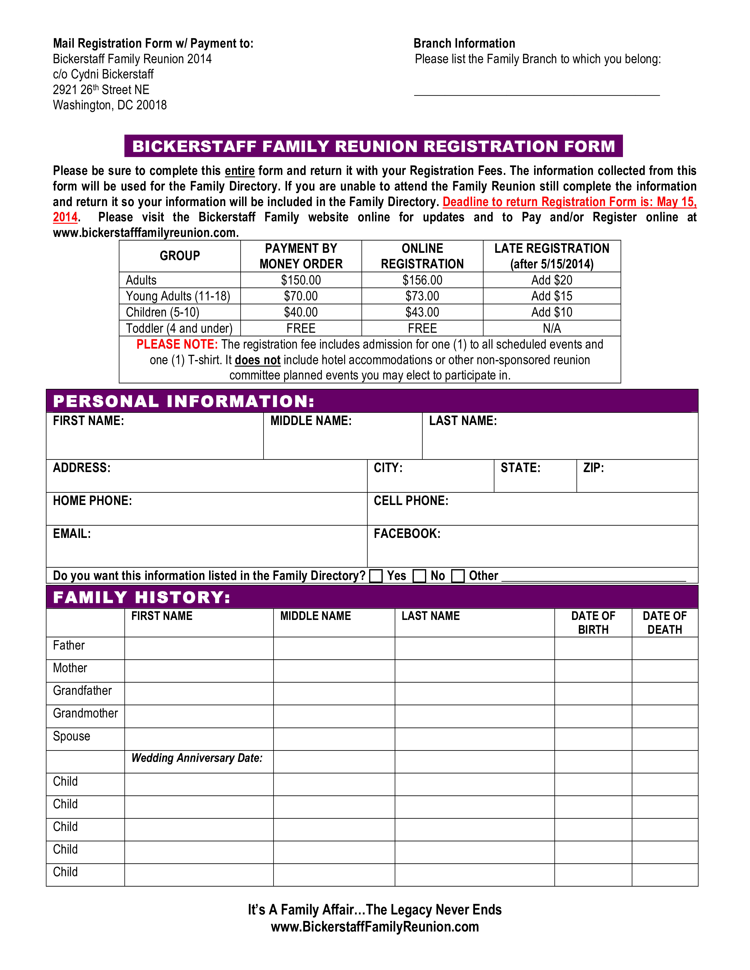 Family Reunion Registration Form Templates At Allbusinesstemplates