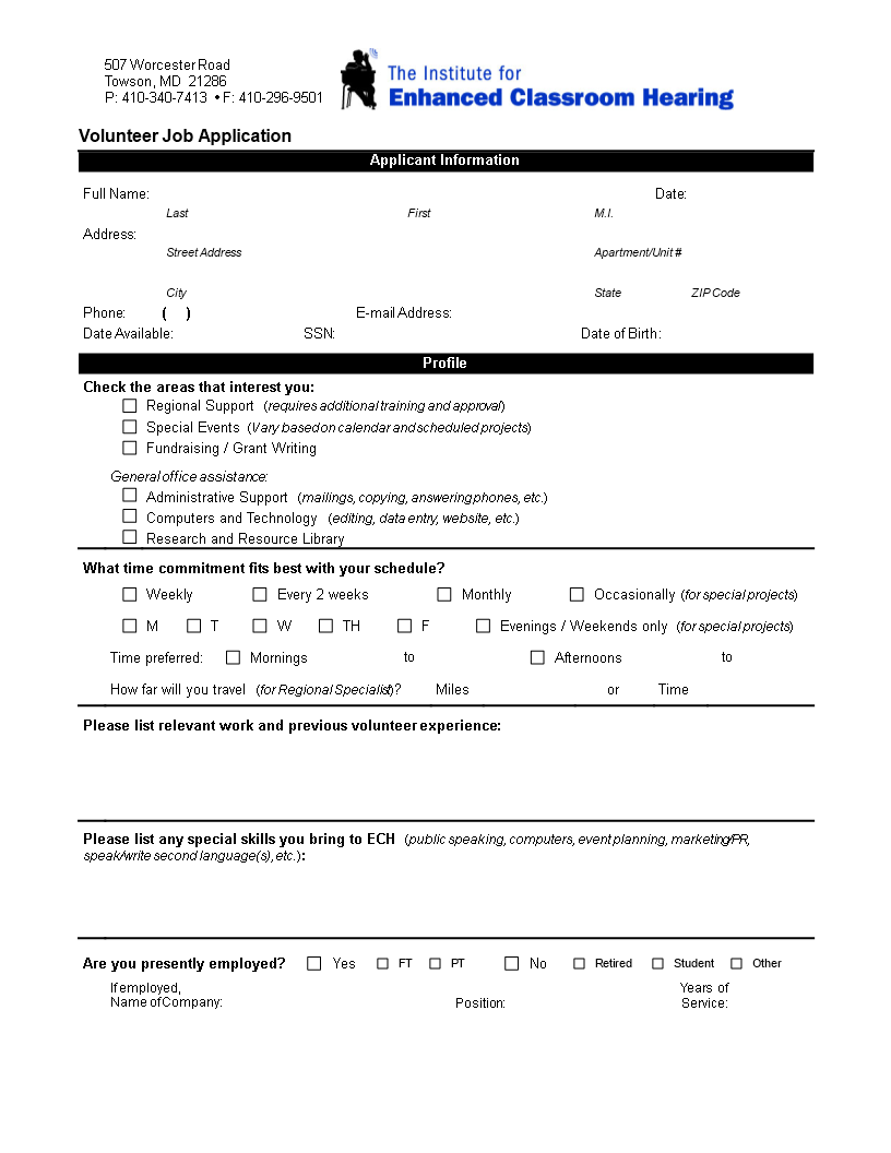 printable volunteer job application template
