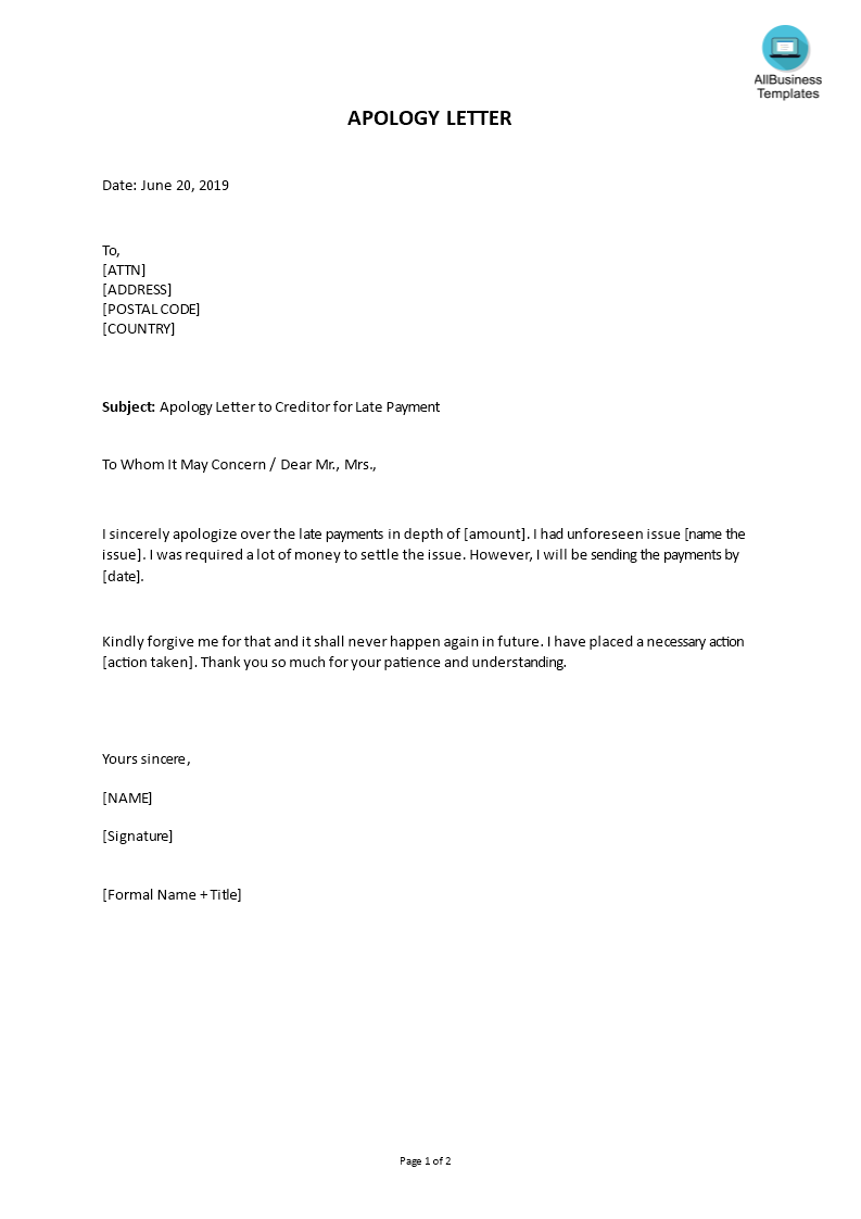 Apology Letter To Creditor For Late Payment Templates At 