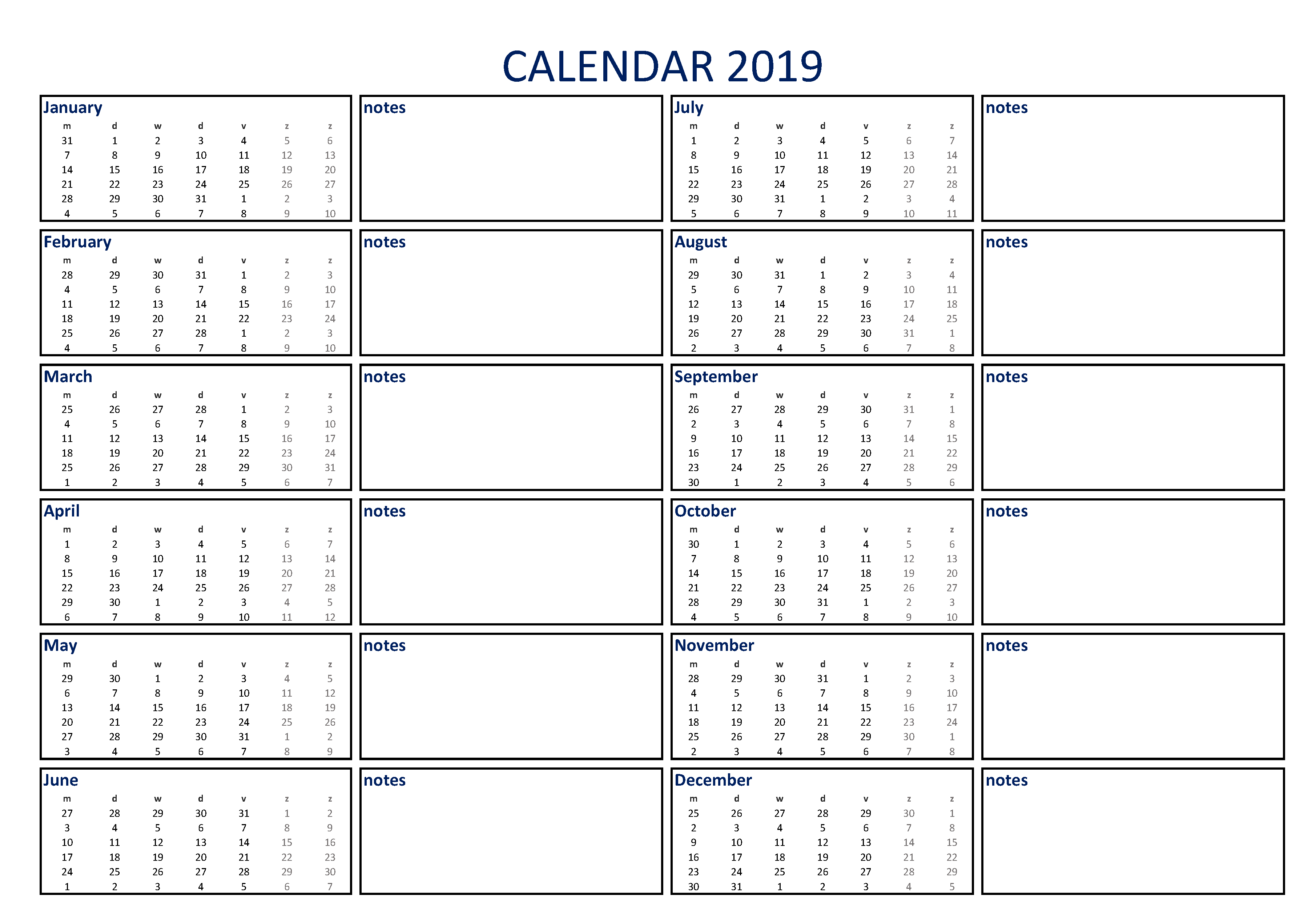 calendar 2019 with notes a4 voorbeeld afbeelding 