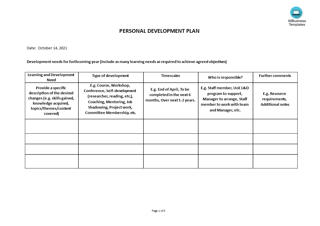 Kostenloses Personal Development Plan Template