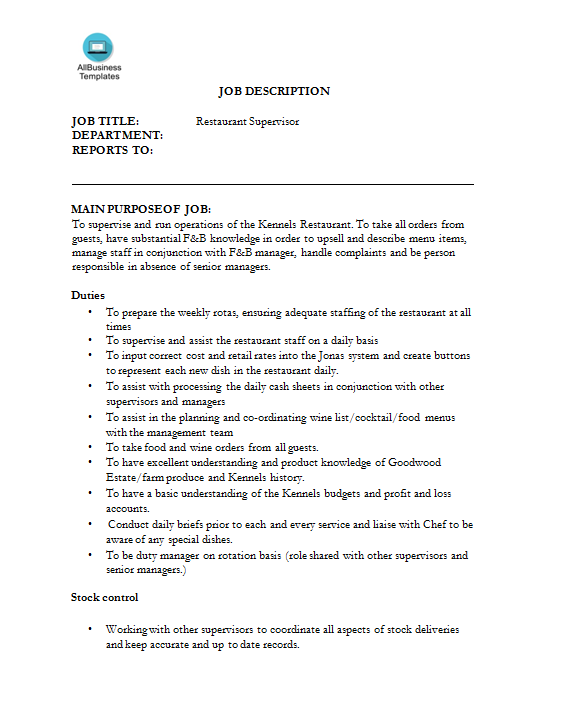 supervisor job description for restaurant Hauptschablonenbild