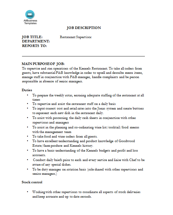 Supervisor Job Description For Restaurant Templates At 