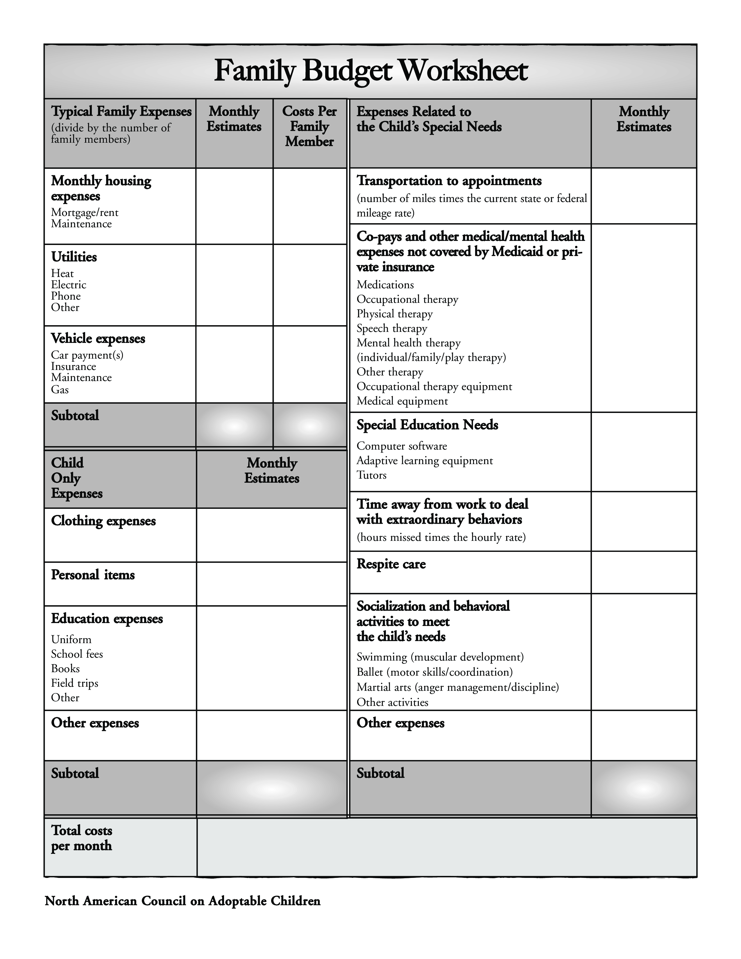 Family Child Care Budget Worksheet Templates At Allbusinesstemplates