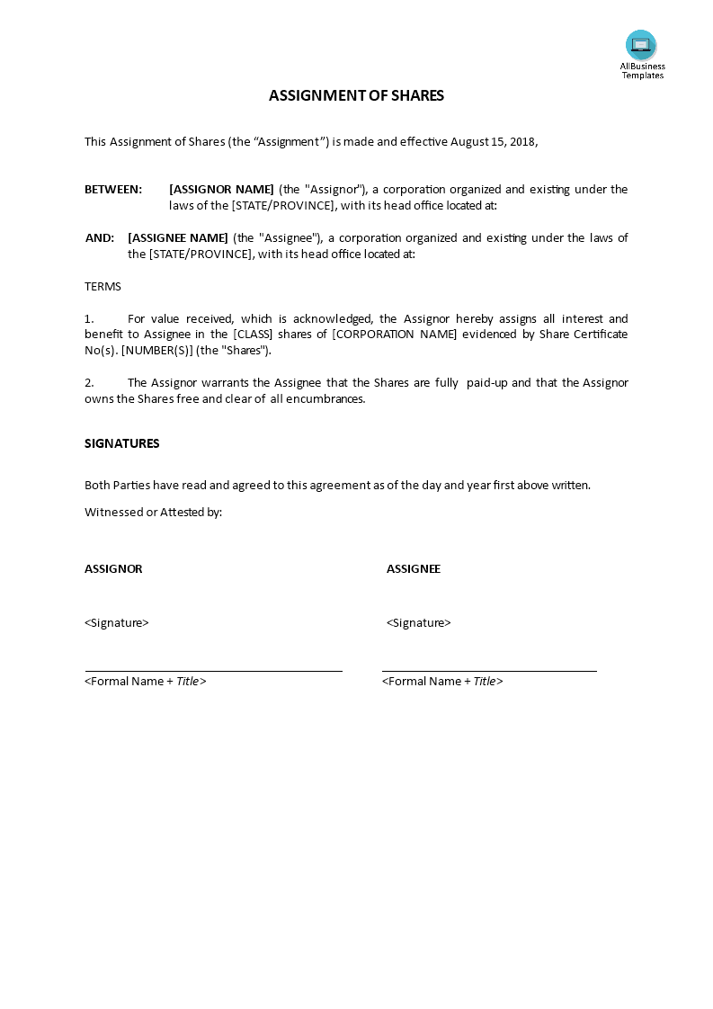 assignment of shares template