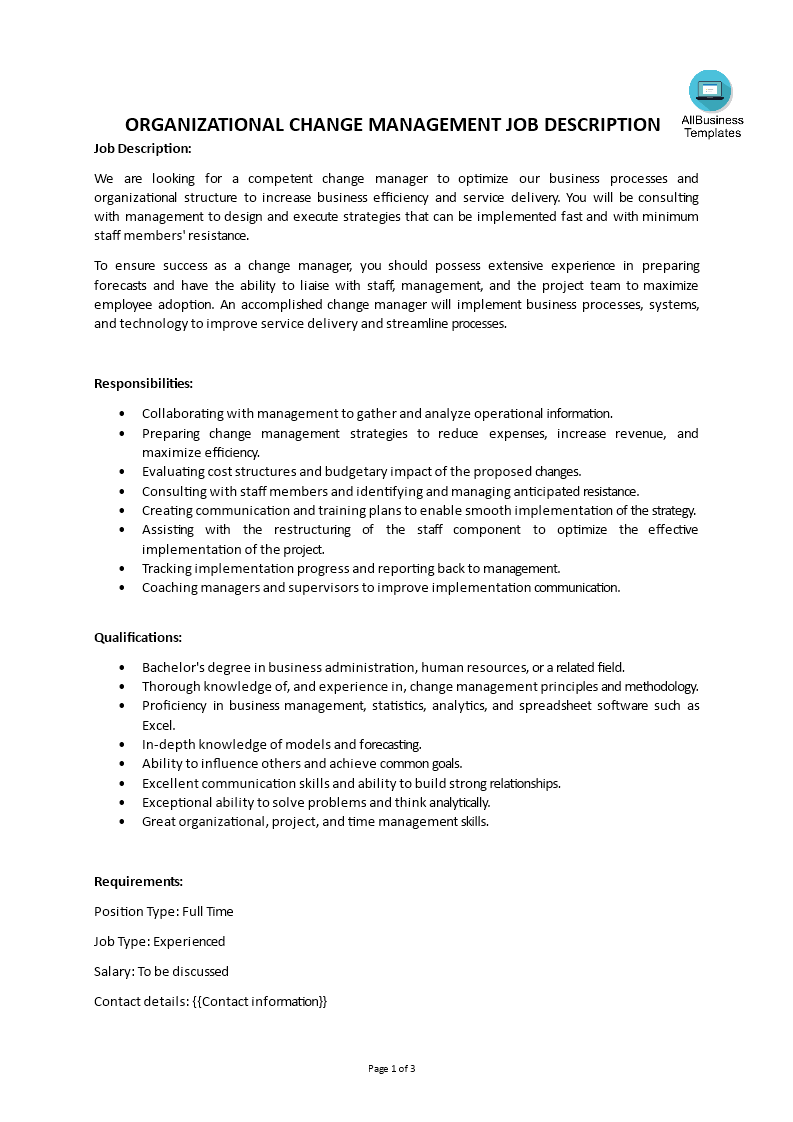 Libreng Organizational Change Management Job Description