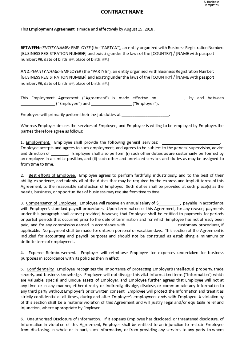 basic employment agreement example template