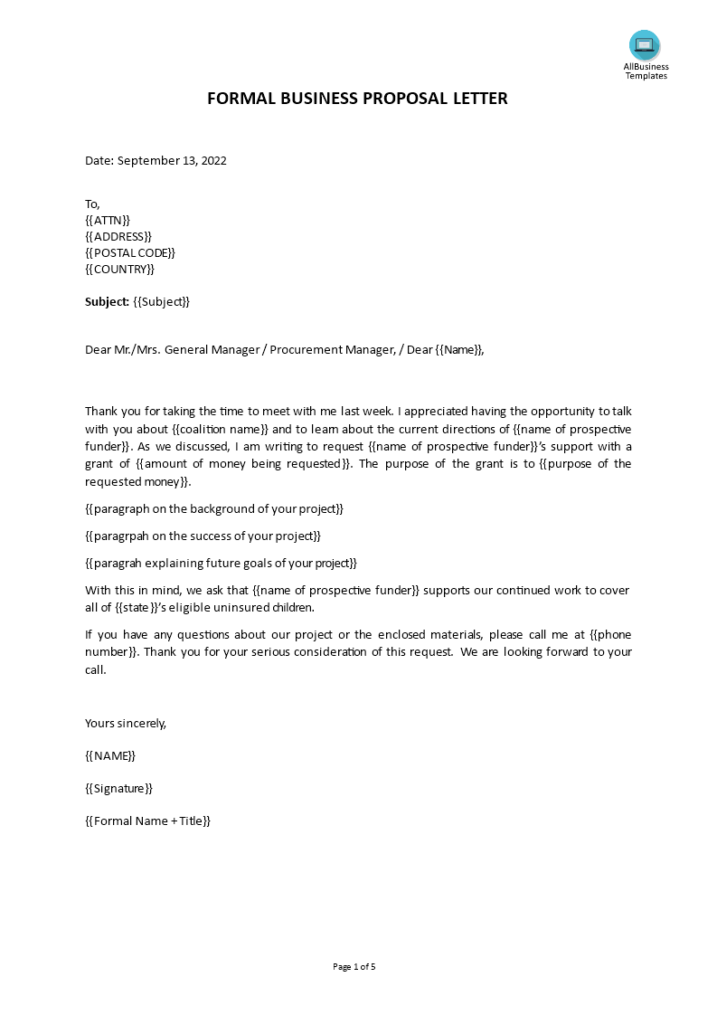 Kostenloses Formal Proposal Cover Letter