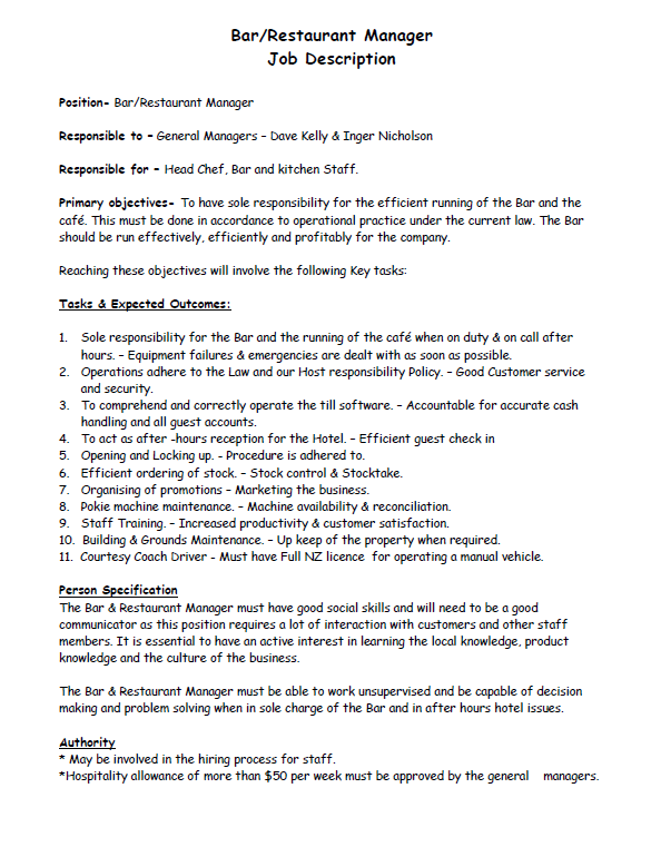bar restaurant manager job description template