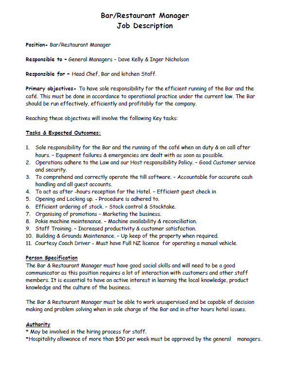 Free Restaurant Job Description Templates FREE PRINTABLE TEMPLATES