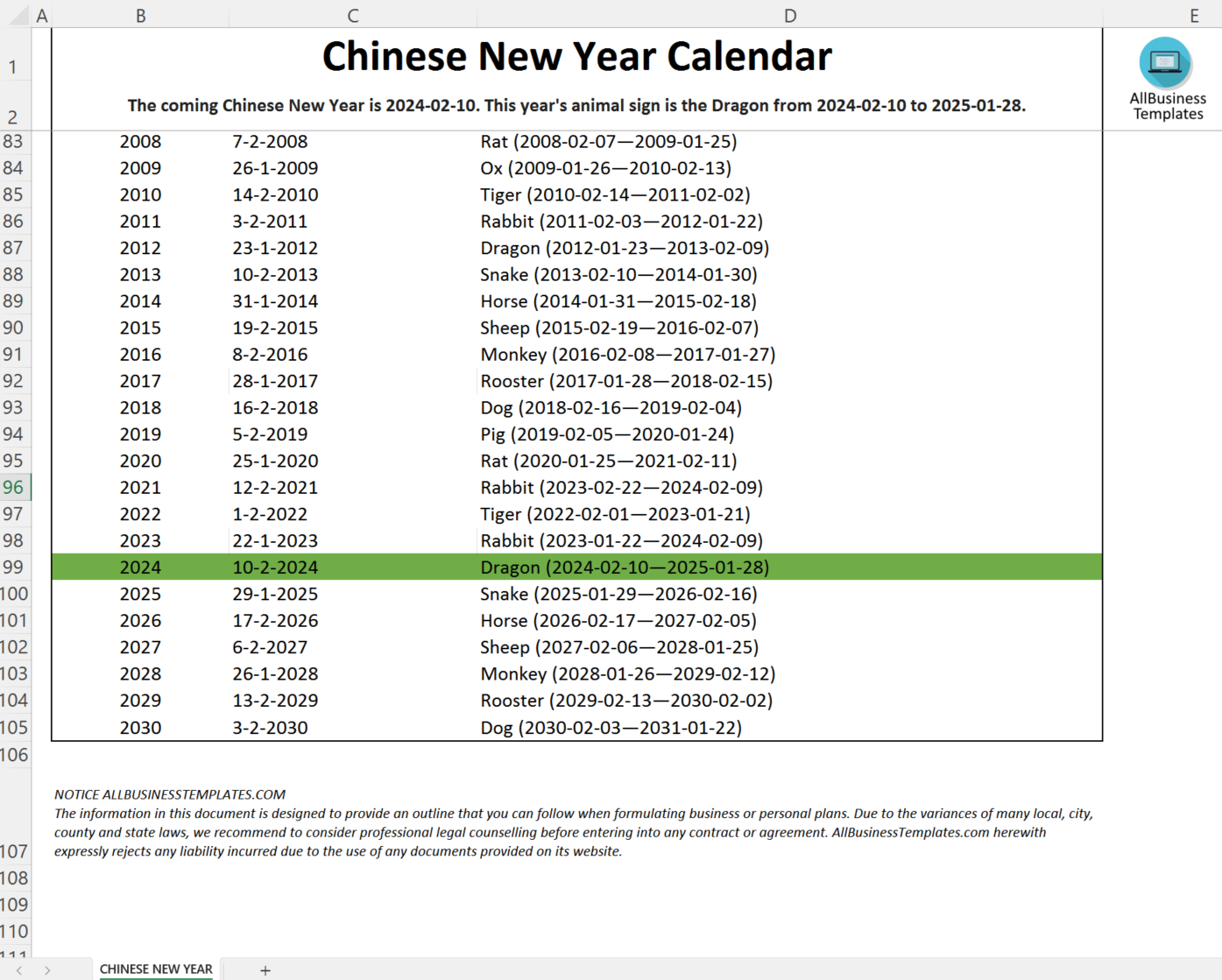 Chinese new year calendar 2024 Gratis