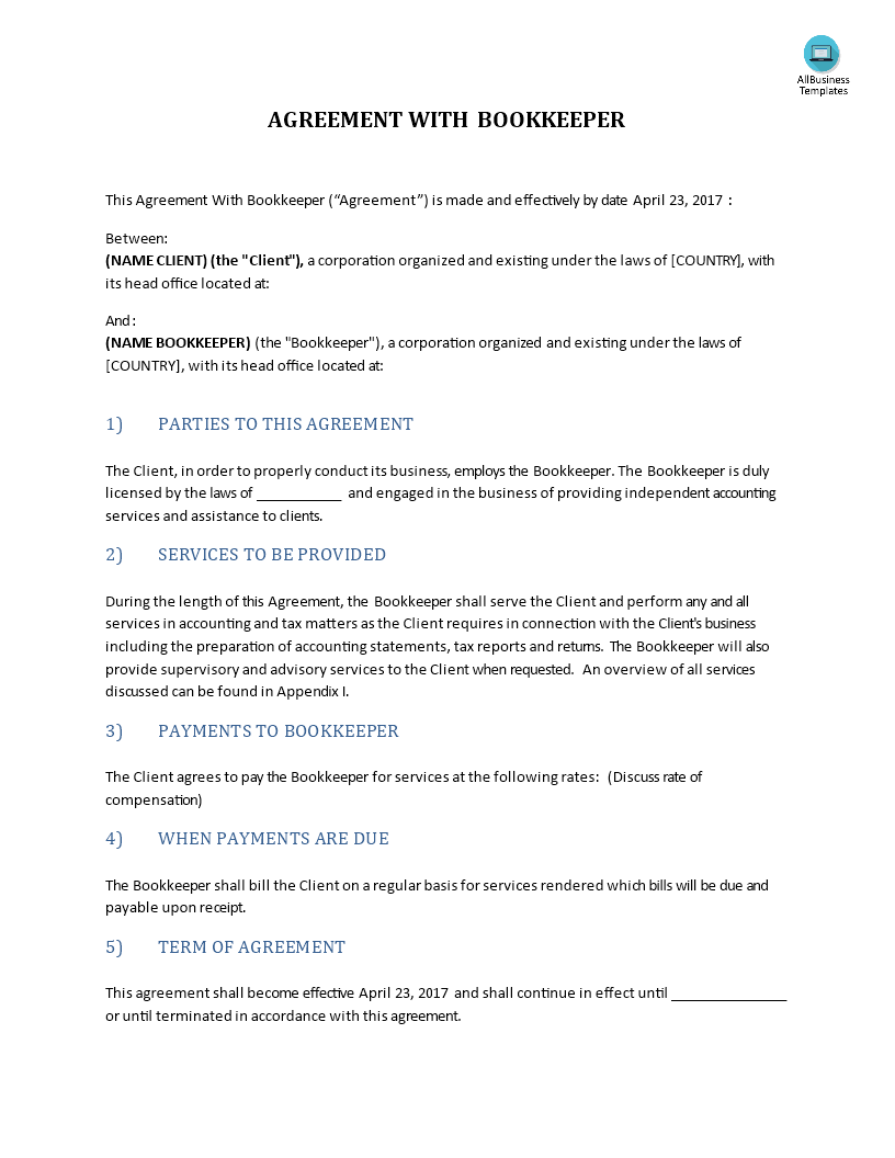 Agreement with Bookkeeper Templates at