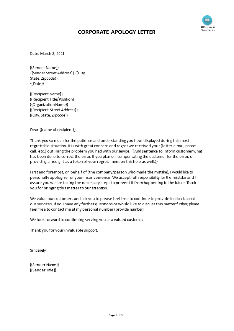 business apology letter modèles